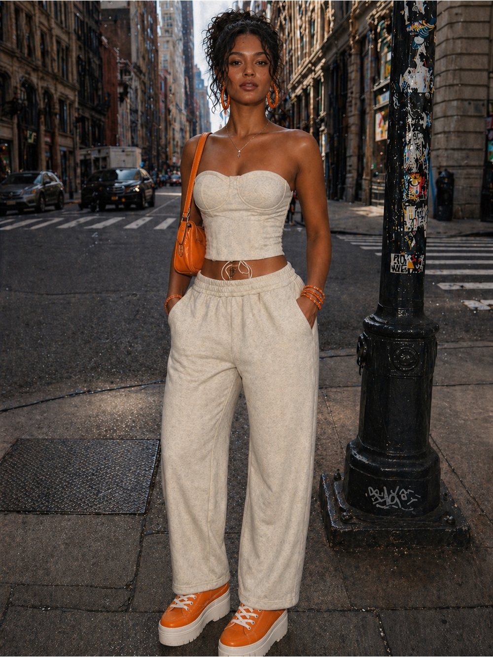 Cream Wide-Leg Pants and Bustier Set – Cozy Lounge Two-Piece